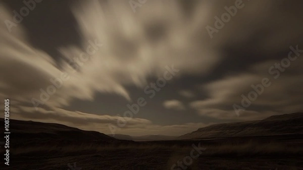 Fototapeta A serene night landscape with flowing clouds over distant hills and valleys.