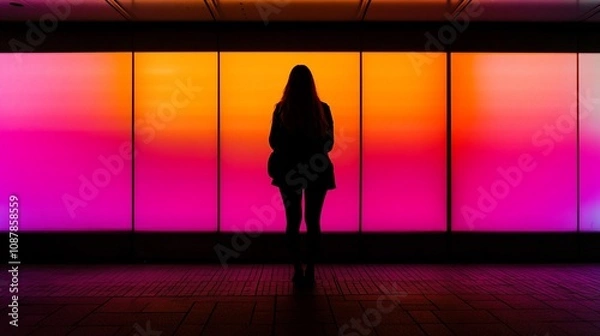 Fototapeta A silhouette of a person against a vibrant gradient wall of pink and orange hues.