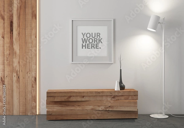 Fototapeta Square poster in white frame mockup with passepartout hanging on wall in room
