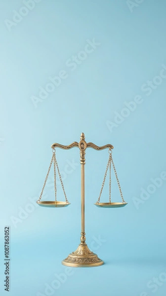 Fototapeta Elegant balance scale on light blue background for law and justice concept design