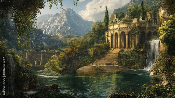 Fototapeta the cuntry, generative ai, landscape, architecture, curtoone, chasny house, background, art nouveau, city, skyline, skyscraper, building, water, lake, nature, autumn, river, sky, tree, reflection,