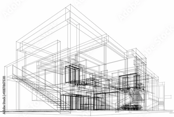 Fototapeta House building sketch architecture 3d rendering