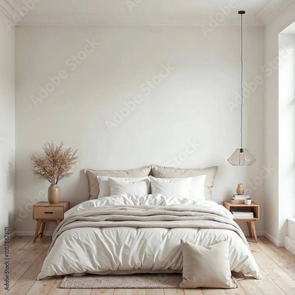 Fototapeta Modern Flat Minimalist Bedroom Interior with Blank Wall Mock-up	
