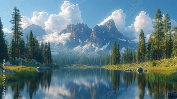 Fototapeta Serene mountain landscape with a reflective lake and lush greenery under a clear sky.