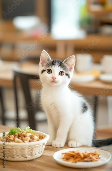 Fototapeta Cute white kitten sitting in a wicker basket at a cozy cafe during a sunny day