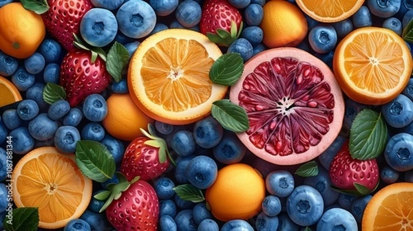 Fototapeta Colorful mix of fresh strawberries, blueberries, oranges, and grapefruits.
