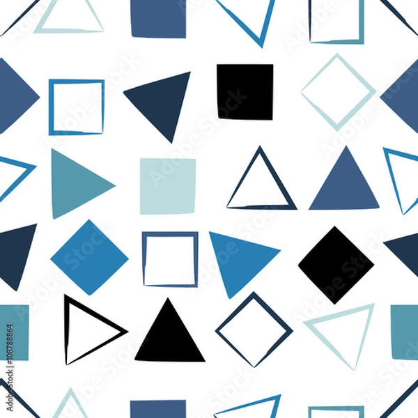 Fototapeta Cute vector geometric seamless pattern. Brush strokes, triangles and squares. Hand drawn grunge texture. Abstract forms. Endless texture can be used for printing onto fabric or paper