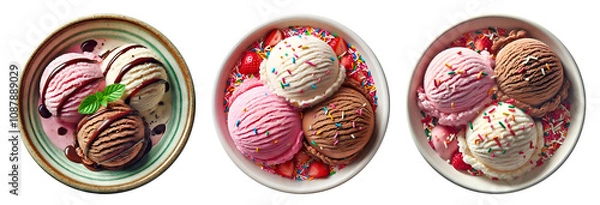 Fototapeta Top view of ice cream bowls containing three classic scoops each - strawberry, vanilla and chocolate with different toppings. Set of 3 cut out detailed photos isolated on transparent background