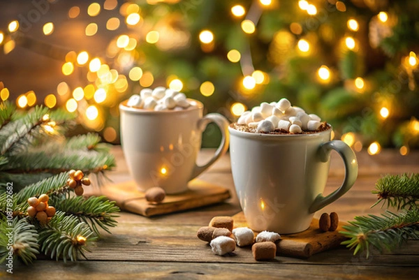Obraz Two glasses of hot cacao with cookies at a Christmas market illuminated at night in december