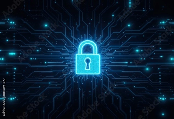Obraz Glowing padlock icon protecting digital circuit board data