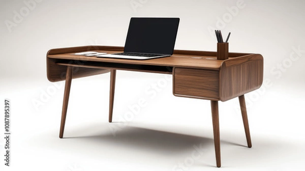 Fototapeta The desk features minimal clutter, with a sleek laptop and a single pen holder adding sophistication. 