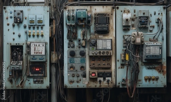 Fototapeta Close-up of industrial control panels in a row, displaying various interconnected wires and components, used for automation and monitoring in industrial settings