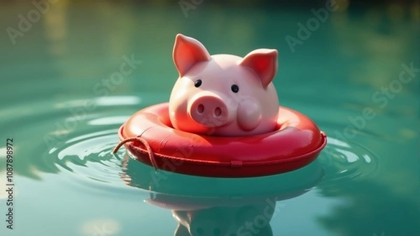 Fototapeta A charming pink piglet floats on a red lifebuoy in serene waters during a sunny afternoon