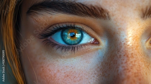 Obraz Close-up of a woman's blue eye with freckles.