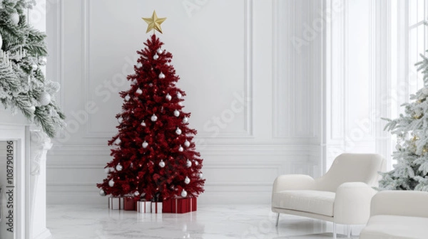 Fototapeta Elegant red Christmas tree with star in modern white room