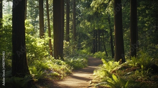 Fototapeta Sunlight Filtering Through Trees on Forest Path