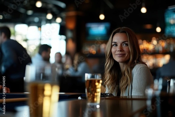 Fototapeta A woman with long hair is seated in a stylish bar smiling, with glasses of beverages in the foreground and blurred patrons chatting in the background.