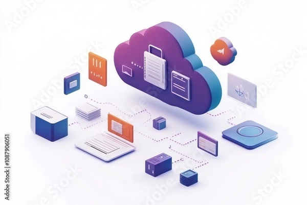 Fototapeta 3D isometric illustration of a cloud computing system with multiple devices connected to the cloud.