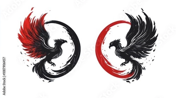 Fototapeta Dual Phoenix Designs: Red and Black Birds in Circular Frames