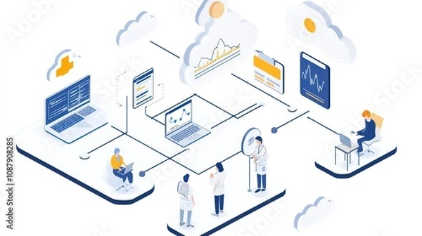 Fototapeta An illustration of a connected network with a team of doctors discussing data on a cloud computing platform.