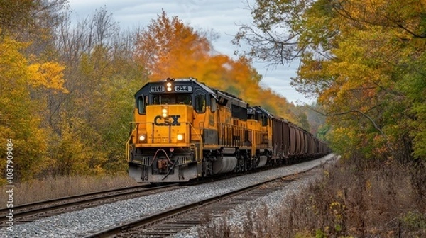 Fototapeta Autumnal Railway Journey: A CSX Freight Train Chugs Through Vibrant Fall Foliage