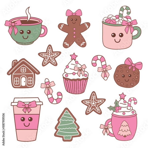 Fototapeta set of isolated Christmas mug, gingerbread cookie, sweets