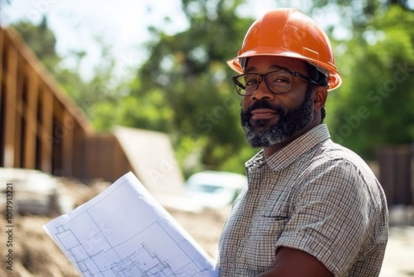 Fototapeta Confident architect with blueprint at construction site