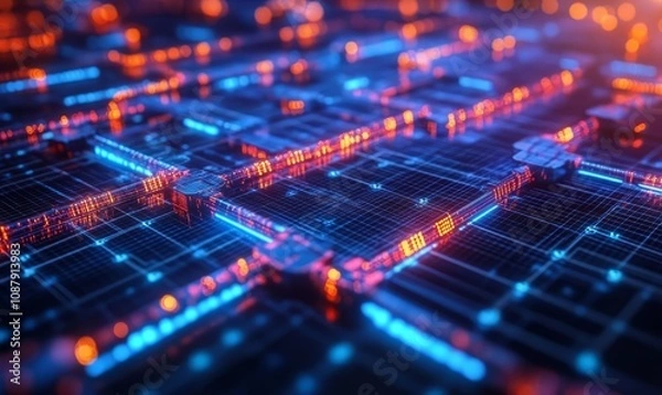 Fototapeta Blockchain data nodes, neon financial network, glowing dark backdrop, futuristic economy
