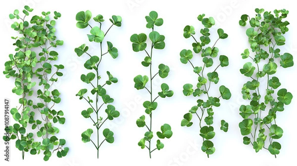 Fototapeta Set of cutout dichondra creeper plants and vines isolated on white realistic 3d rendering of lush green foliage natural design elements