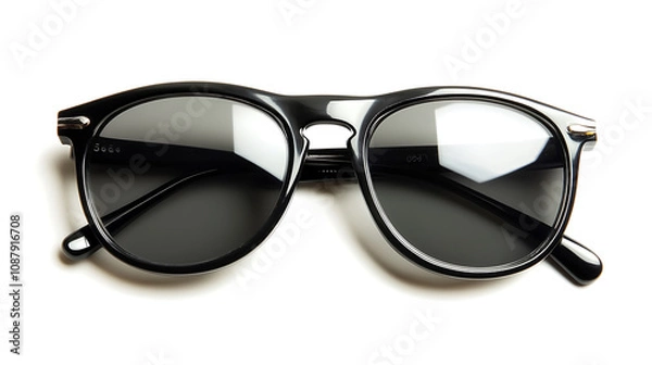 Fototapeta Stylish sunglasses with a black plastic frame, isolated on a white background and viewed from above