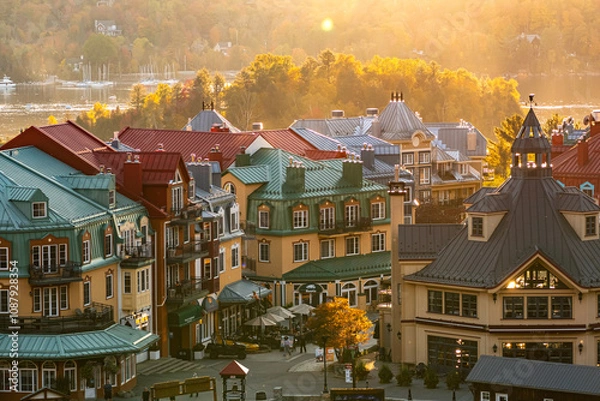 Obraz Mont-Tremblant, Quebec, Canada - October 03, 2023: House roofs surrounded by autumnal maple trees