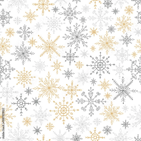 Fototapeta Seamless pattern with doodle multicolored snowflakes on a white background.