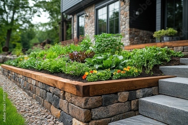 Fototapeta A lush vegetable garden grows in a raised bed with stone retaining wall and wooden trim, next to stone steps and a modern home.