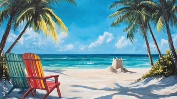 Fototapeta A vibrant beach scene with a colorful deck chair, a sandcastle nearby, and tall coconut palms swaying under a clear blue sky