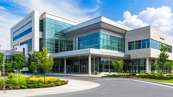 Fototapeta High-end hospital building with modern architecture, large windows, and a clear blue sky.