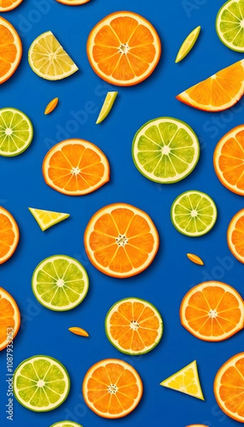 Fototapeta Citrus Fruit pattern on blue background. Orange, Lime, Lemon slices background. Flat lay, top view. Banner, seamless pattern, creative summer food concept..  Pop art design, creative summer concept,