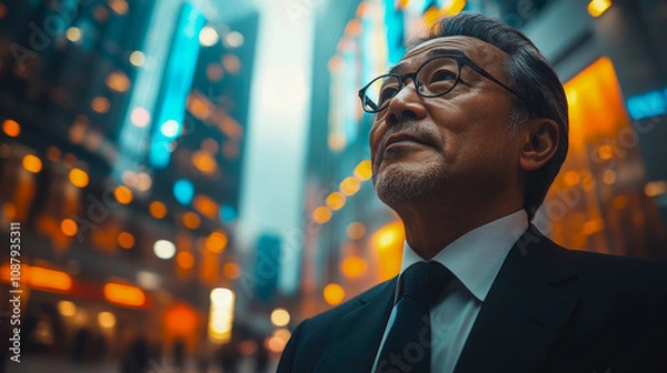Fototapeta A businessman gazes upwards at vibrant city lights, surrounded by tall buildings in an urban area during evening twilight, reflecting on his surroundings