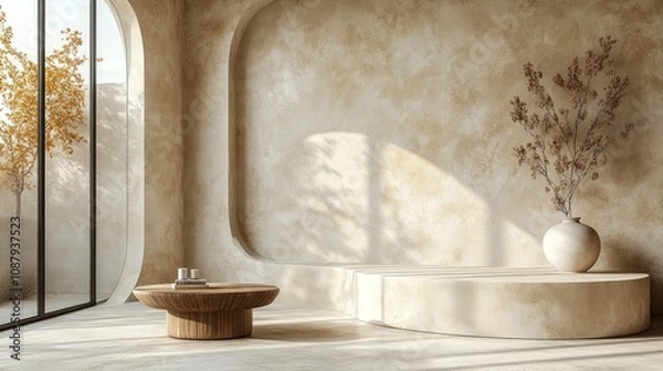 Fototapeta Here's a description and keywords for your stock photo.. Minimalist beige interior with arched wall, sunlit window, wooden coffee table, and ceramic vase.