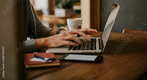 Fototapeta Person typing on laptop at wooden table with notebook and smartphone