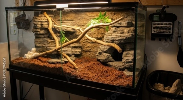 Fototapeta Terrarium featuring climbing branches, layered rocks, soil substrate, and plants under light