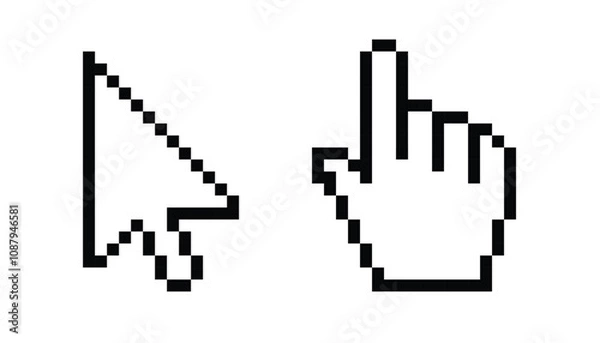 Fototapeta Pixel mouse cursor and hand pointer icon set Clipart image isolated on white background.