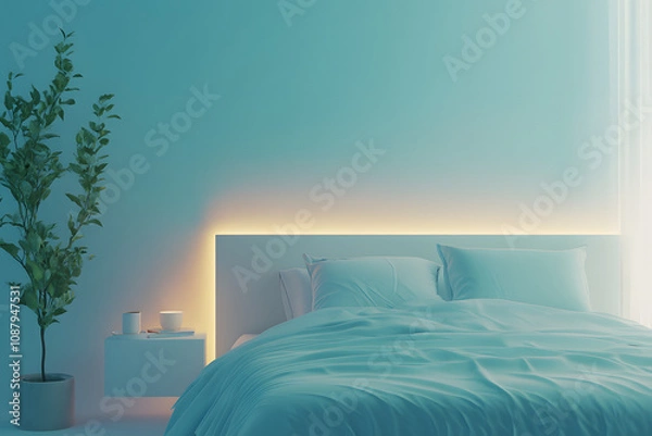 Fototapeta Serene Bedroom Interior with Aquatic Turquoise Light and Bed Linen Evoking Calmness and Balance