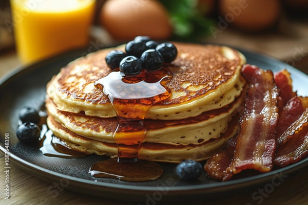 Fototapeta Enjoying a delicious breakfast spread with pancakes, bacon, and fresh fruits in a cozy kitchen setting