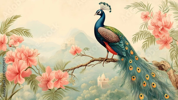 Obraz A Detailed Vintage Illustration of a Peacock Perched on a Branch with Pink Flowers and a Distant Landscape