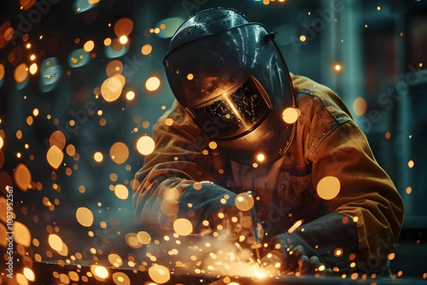 Fototapeta Welder skillfully welds metal, sparks fly, industrial setting, intense focus, detailed close-up.