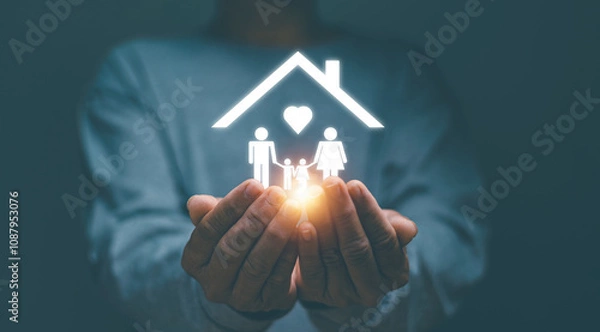Fototapeta Family life and property insurance concept, Businessman using two hands holding for protect family life and property, Businessman with protective gesture representing the insured family.