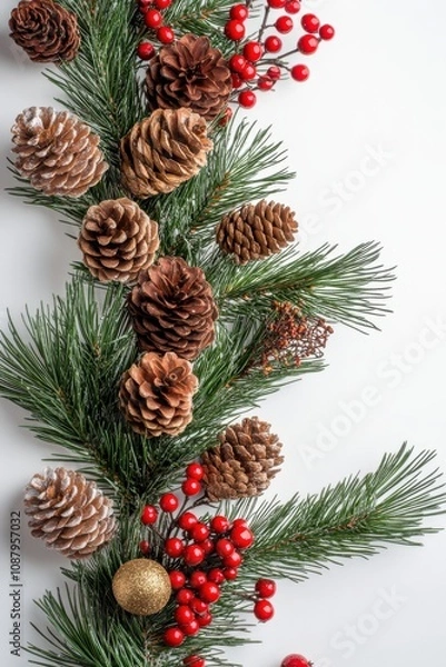 Obraz Festive Christmas garland with pine branches, red berries, and pinecones for holiday decoration