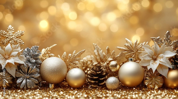 Fototapeta Elegant white and gold Christmas background with a serene and peaceful ambiance, featuring a soft glow that evokes feelings of warmth, joy, and celebration during the holiday season