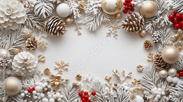 Fototapeta Elegant white and gold Christmas background with a serene and peaceful ambiance, featuring a soft glow that evokes feelings of warmth, joy, and celebration during the holiday season