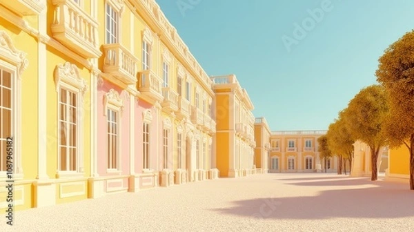 Fototapeta Elegant courtyard with pastel-colored buildings and trees.